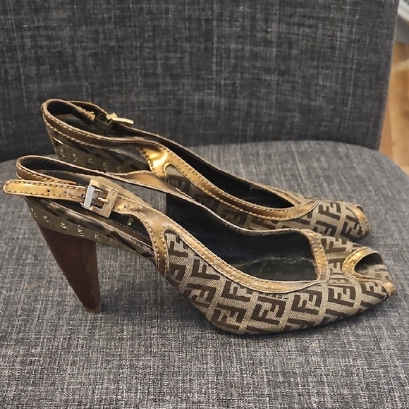 Fendi Shoes - Fendi Brown Monogram Peep-Toe Heels